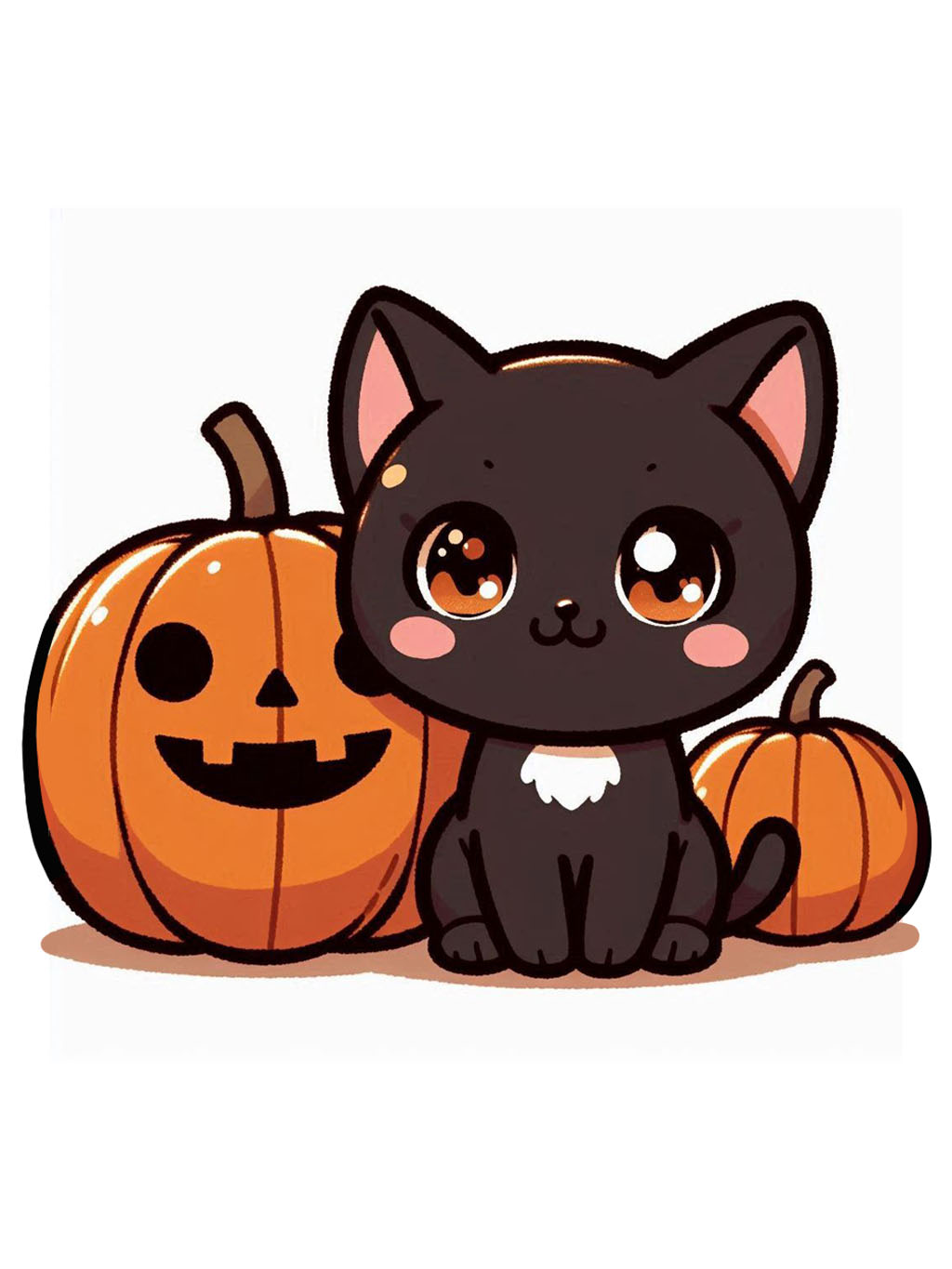 Halloween cute animals drawings black cat kitten with pumpkins sitting cutely